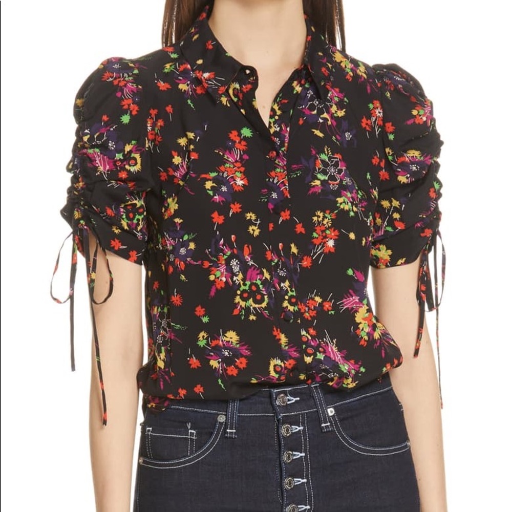 Veronica Beard Ruched Sleeve Floral Button Up sz 2